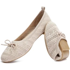 imageHEAWISH Womens Flats Shoes Comfortable Crochet Lace Mesh Round Toe Slip On Casual Ballet Flats Dress ShoesBeige