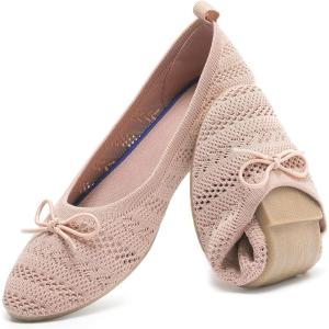 imageHEAWISH Womens Flats Shoes Comfortable Crochet Lace Mesh Round Toe Slip On Casual Ballet Flats Dress ShoesPink