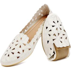 imageHEAWISH Womens Floral Ballet Flats for Women Black Beige Slip On Flowers PU Leather Round Toe Dress ShoesBeige
