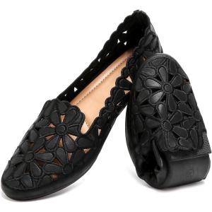 imageHEAWISH Womens Floral Ballet Flats for Women Black Beige Slip On Flowers PU Leather Round Toe Dress ShoesBlack