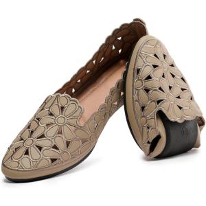 imageHEAWISH Womens Floral Ballet Flats for Women Black Beige Slip On Flowers PU Leather Round Toe Dress ShoesChocolate