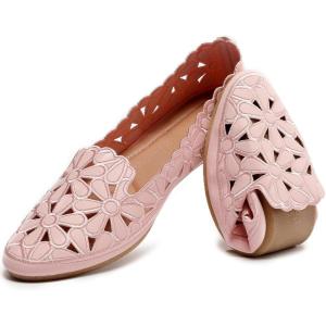 imageHEAWISH Womens Floral Ballet Flats for Women Black Beige Slip On Flowers PU Leather Round Toe Dress ShoesPink