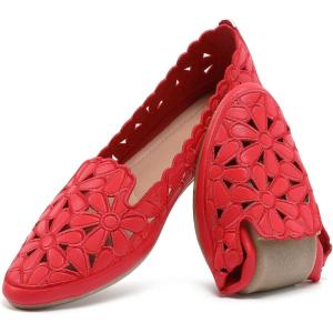 imageHEAWISH Womens Floral Ballet Flats for Women Black Beige Slip On Flowers PU Leather Round Toe Dress ShoesRed