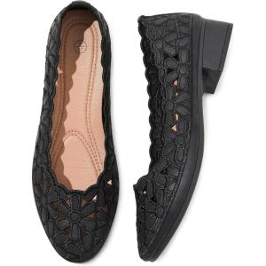 imageHEAWISH Womens Black Loafers Floral Ballet Flats ShoesPu Leather Dress Shoes with Heel Comfortable Slip on LoaferBlack Heel