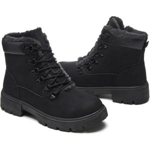 image:imageWomen Winter Snow Boots with Fur LinedBlack Low heels Combat Ankle BootsNon Slip Leather Ankle Boots for WomenBlack