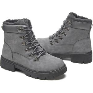 image:imageWomen Winter Snow Boots with Fur LinedBlack Low heels Combat Ankle BootsNon Slip Leather Ankle Boots for WomenGrey
