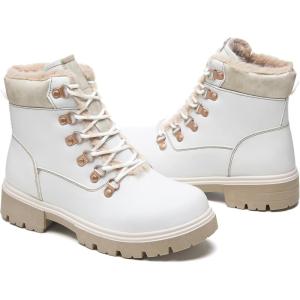 image:imageWomen Winter Snow Boots with Fur LinedBlack Low heels Combat Ankle BootsNon Slip Leather Ankle Boots for WomenWhite