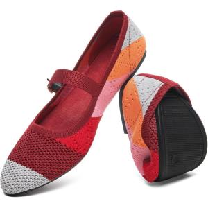 image:imageHEAWISH Womens Ballet Flat Shoes Mary Jane Pointed Toe Mesh FlatsComfortable Slip on Ladies Shoe with Adjustable StrapCasual Office Dress Flats for WorkRed Combo