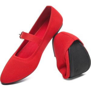 image:imageHEAWISH Womens Ballet Flat Shoes Mary Jane Pointed Toe Mesh FlatsComfortable Slip on Ladies Shoe with Adjustable StrapCasual Office Dress Flats for WorkRed