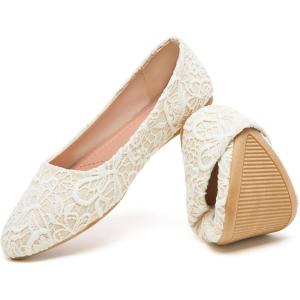 image:imageHEAWISH Womens Black Flats Flower Embroideried Lace Ballet Flats Pointed Toe Comfortable Dress Shoes for WomenBeige
