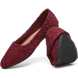 image:imageHEAWISH Womens Black Flats Flower Embroideried Lace Ballet Flats Pointed Toe Comfortable Dress Shoes for WomenWine