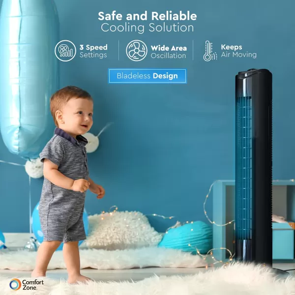 Comfort Zone 29" Oscillating Tower Fan, 3-Speed, with Sturdy Base, Ideal for Home, Bedroom &amp; Office, CZTF290WT