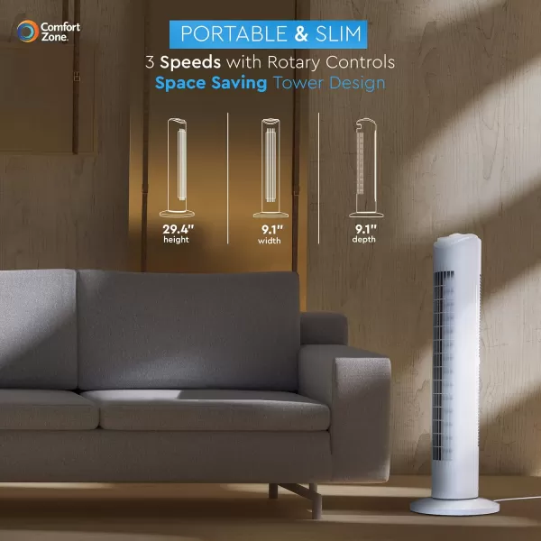 Comfort Zone 29" Oscillating Tower Fan, 3-Speed, with Sturdy Base, Ideal for Home, Bedroom &amp; Office, CZTF290WT