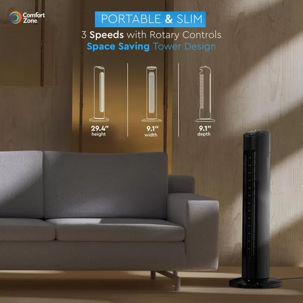 Comfort Zone 29" Oscillating Tower Fan, 3-Speed, with Sturdy Base, Ideal for Home, Bedroom &amp; Office, CZTF290WT