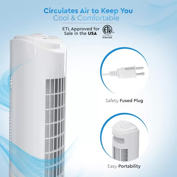 Comfort Zone 29" Oscillating Tower Fan, 3-Speed, with Sturdy Base, Ideal for Home, Bedroom &amp; Office, CZTF290WT