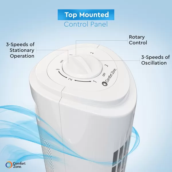 Comfort Zone 29" Oscillating Tower Fan, 3-Speed, with Sturdy Base, Ideal for Home, Bedroom &amp; Office, CZTF290WT