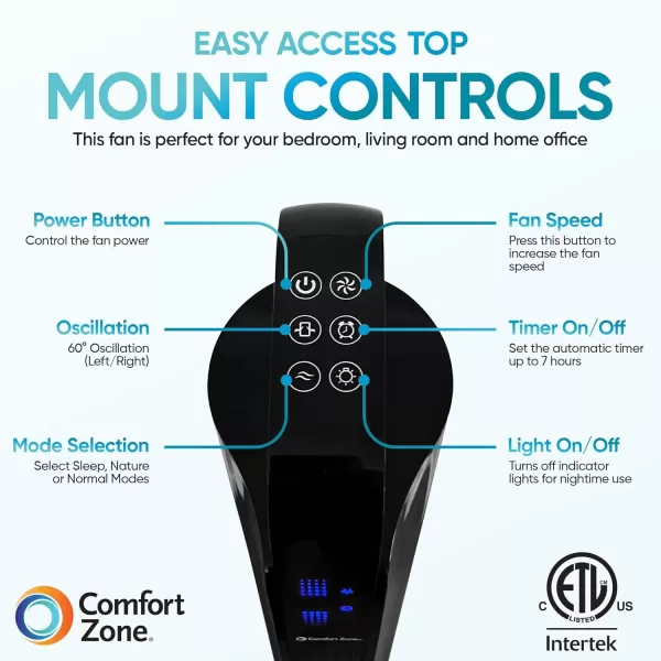 Comfort Zone 42" Oscillating Tower fan with Remote Control, Easy-to-Use Touch Screen with LED Display, 3-Speed Settings, 7-Hour Timer, Black, CZTF421RBK