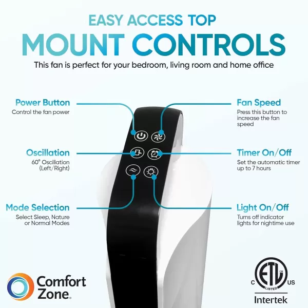Comfort Zone 42" Oscillating Tower fan with Remote Control, Easy-to-Use Touch Screen with LED Display, 3-Speed Settings, 7-Hour Timer, Black, CZTF421RBK