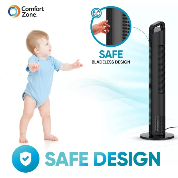 Comfort Zone 42" Oscillating Tower fan with Remote Control, Easy-to-Use Touch Screen with LED Display, 3-Speed Settings, 7-Hour Timer, Black, CZTF421RBK