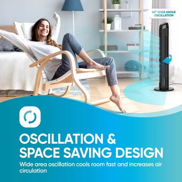 Comfort Zone 42" Oscillating Tower fan with Remote Control, Easy-to-Use Touch Screen with LED Display, 3-Speed Settings, 7-Hour Timer, Black, CZTF421RBK