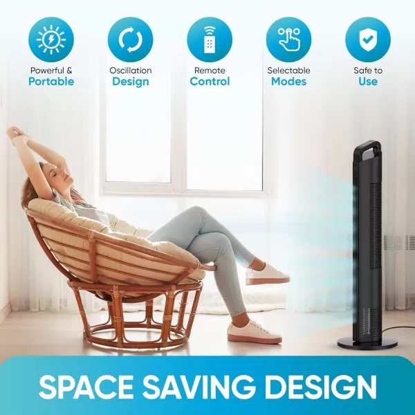 Comfort Zone 42" Oscillating Tower fan with Remote Control, Easy-to-Use Touch Screen with LED Display, 3-Speed Settings, 7-Hour Timer, Black, CZTF421RBK