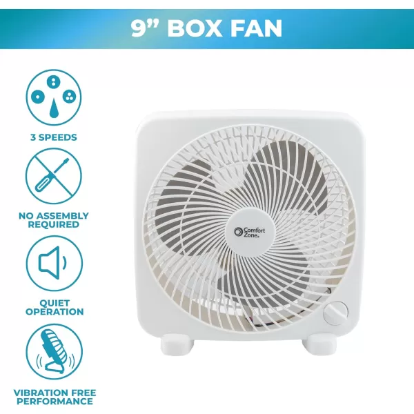 Comfort Zone Box Fan, 9 inch, Portable, Electric Quiet, 3 Speed, Small Box Fan, Desk Fan, Table Fan, Airflow 9.65 ft/sec, Ideal for Home, Bedroom, Dorm, &amp; Office, CZ9BWT