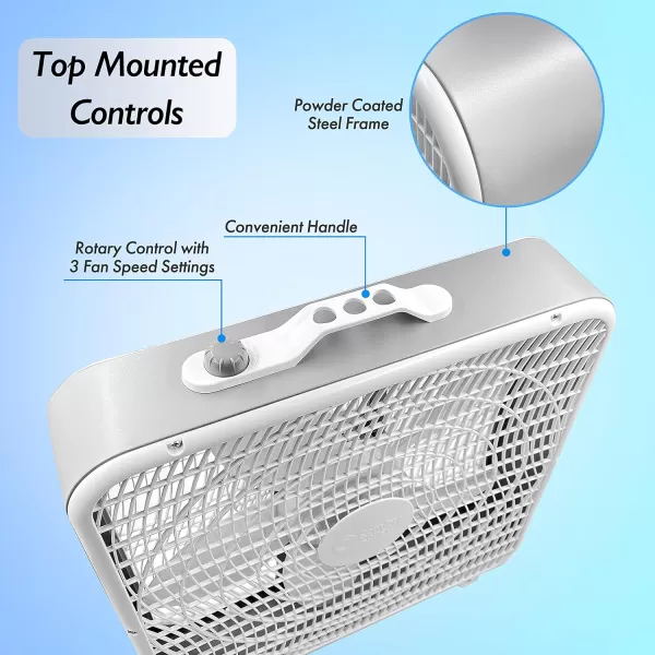 Comfort Zone Box Fan with Carry Handle, 20 inch, 3 Speed Full-Force Air Circulation with Air Conditioner, Floor Fan, Bedroom Fan, Airflow 15.03 ft/sec, Ideal for Home, Bedroom &amp; Office, CZ200A