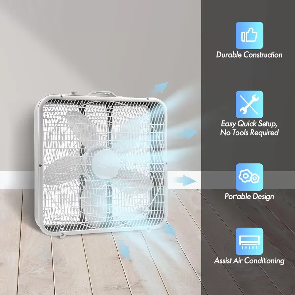 Comfort Zone Box Fan with Carry Handle, 20 inch, 3 Speed Full-Force Air Circulation with Air Conditioner, Floor Fan, Bedroom Fan, Airflow 15.03 ft/sec, Ideal for Home, Bedroom &amp; Office, CZ200A