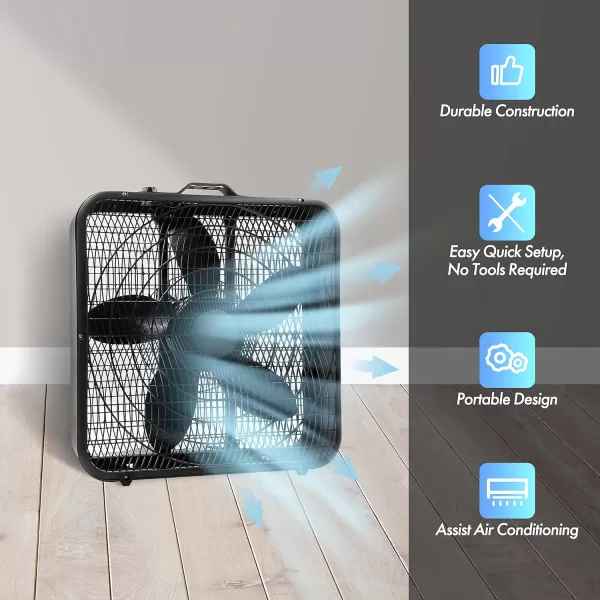 Comfort Zone Box Fan with Carry Handle, 20 inch, 3 Speed Full-Force Air Circulation with Air Conditioner, Floor Fan, Bedroom Fan, Airflow 15.03 ft/sec, Ideal for Home, Bedroom &amp; Office, CZ200A