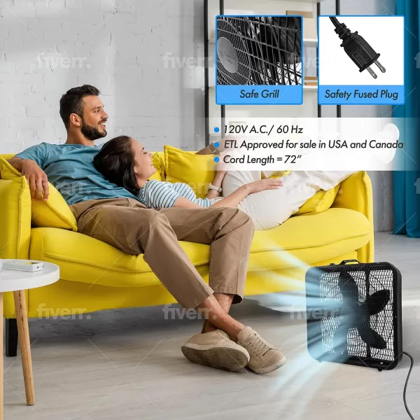 Comfort Zone Box Fan with Carry Handle, 20 inch, 3 Speed Full-Force Air Circulation with Air Conditioner, Floor Fan, Bedroom Fan, Airflow 15.03 ft/sec, Ideal for Home, Bedroom &amp; Office, CZ200A