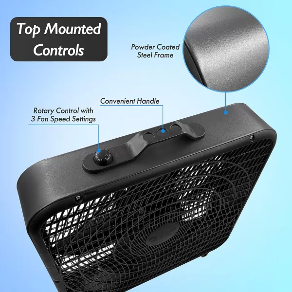 Comfort Zone Box Fan with Carry Handle, 20 inch, 3 Speed Full-Force Air Circulation with Air Conditioner, Floor Fan, Bedroom Fan, Airflow 15.03 ft/sec, Ideal for Home, Bedroom &amp; Office, CZ200A