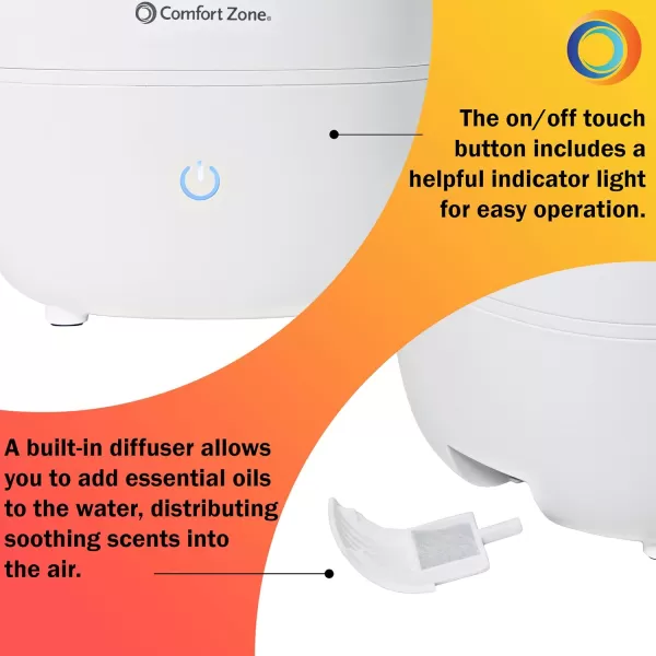 Comfort Zone CZHD55 0.9-Gallon/3.5-Liter Ultrasonic Humidifier with Top Fill Tank, Built-in Aromatherapy Tray, and Color Coded Controls, White