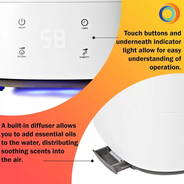Comfort Zone CZHD60 1.5-Gallon/5.5-Liter Ultrasonic Humidifier with Top Fill Tank, Built-in Aromatherapy Tray, and Illuminated Touch Controls, White