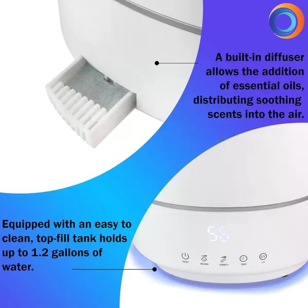 Comfort Zone CZHD65 Top Fill Digital Humidifier w/WiFi. Whisper-Quiet Operation, 1.2 Gal. capacity, Safety auto shut-off, Filter-Free Design, 6 hours  and 25 hours of operation .
