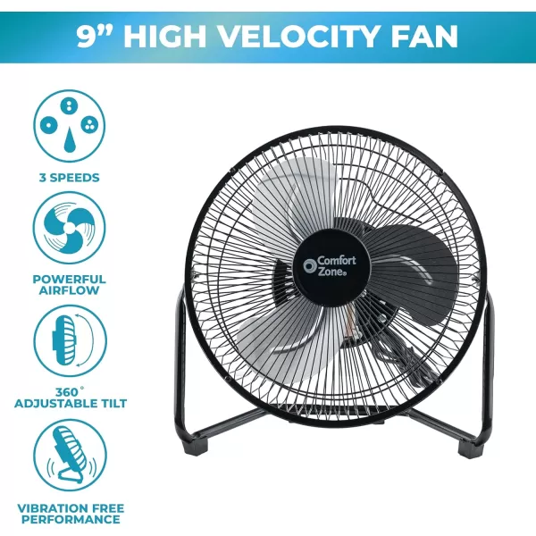 Comfort Zone Cradle Floor Fan, 9 inch, 3 Speed, Electric, 180 Degree Adjustable Tilt, All Metal, Carry Handle, Rubber Feet, Table Fan, Airflow 12.57 ft/sec, Ideal for Home, Bedroom &amp; Office, CZHV9B