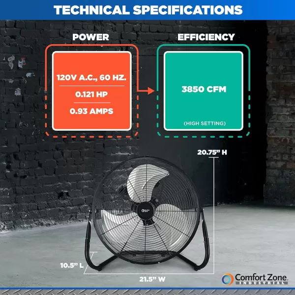 Comfort Zone Cradle Floor Fan, 9 inch, 3 Speed, Electric, 180 Degree Adjustable Tilt, All Metal, Carry Handle, Rubber Feet, Table Fan, Airflow 12.57 ft/sec, Ideal for Home, Bedroom &amp; Office, CZHV9B