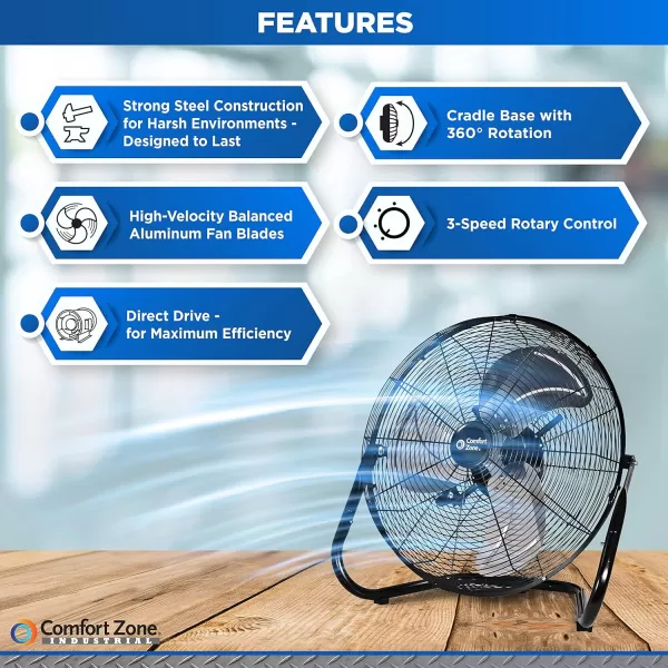 Comfort Zone Cradle Floor Fan, 9 inch, 3 Speed, Electric, 180 Degree Adjustable Tilt, All Metal, Carry Handle, Rubber Feet, Table Fan, Airflow 12.57 ft/sec, Ideal for Home, Bedroom &amp; Office, CZHV9B