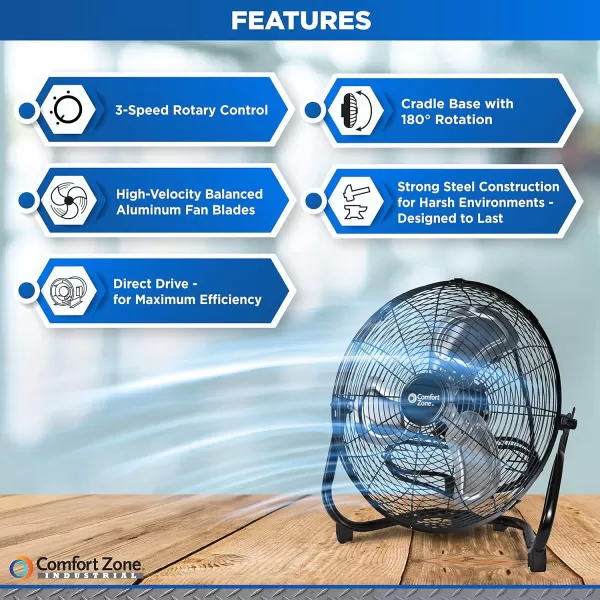 Comfort Zone Cradle Floor Fan, 9 inch, 3 Speed, Electric, 180 Degree Adjustable Tilt, All Metal, Carry Handle, Rubber Feet, Table Fan, Airflow 12.57 ft/sec, Ideal for Home, Bedroom &amp; Office, CZHV9B