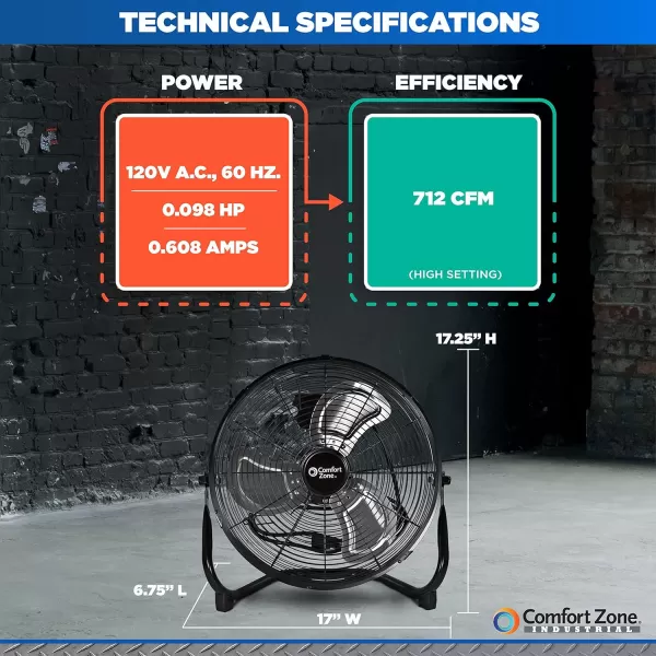 Comfort Zone Cradle Floor Fan, 9 inch, 3 Speed, Electric, 180 Degree Adjustable Tilt, All Metal, Carry Handle, Rubber Feet, Table Fan, Airflow 12.57 ft/sec, Ideal for Home, Bedroom &amp; Office, CZHV9B