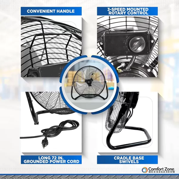 Comfort Zone Cradle Floor Fan, 9 inch, 3 Speed, Electric, 180 Degree Adjustable Tilt, All Metal, Carry Handle, Rubber Feet, Table Fan, Airflow 12.57 ft/sec, Ideal for Home, Bedroom &amp; Office, CZHV9B