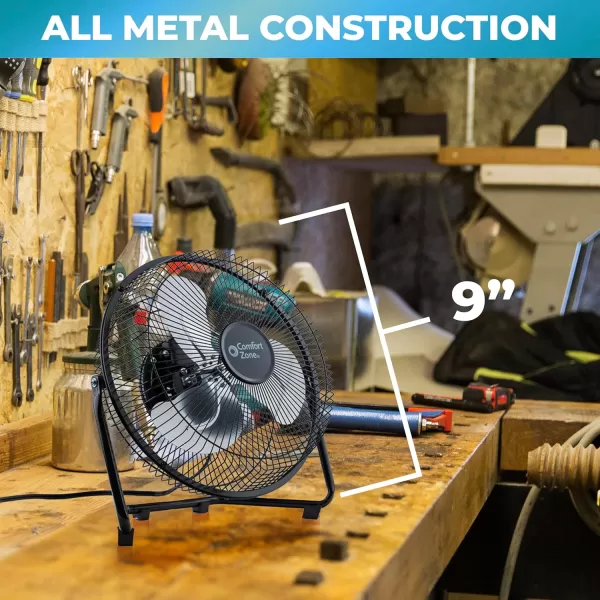 Comfort Zone Cradle Floor Fan, 9 inch, 3 Speed, Electric, 180 Degree Adjustable Tilt, All Metal, Carry Handle, Rubber Feet, Table Fan, Airflow 12.57 ft/sec, Ideal for Home, Bedroom &amp; Office, CZHV9B