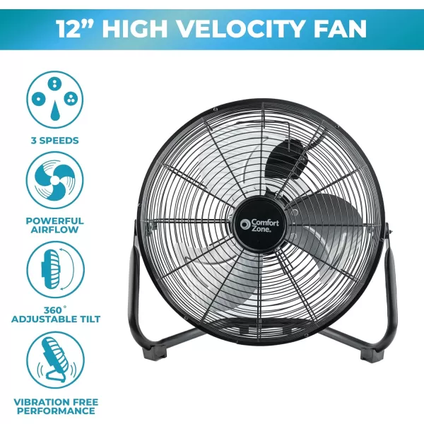 Comfort Zone Cradle Floor Fan, 9 inch, 3 Speed, Electric, 180 Degree Adjustable Tilt, All Metal, Carry Handle, Rubber Feet, Table Fan, Airflow 12.57 ft/sec, Ideal for Home, Bedroom &amp; Office, CZHV9B