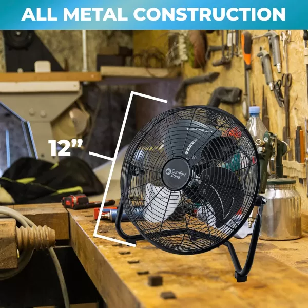 Comfort Zone Cradle Floor Fan, 9 inch, 3 Speed, Electric, 180 Degree Adjustable Tilt, All Metal, Carry Handle, Rubber Feet, Table Fan, Airflow 12.57 ft/sec, Ideal for Home, Bedroom &amp; Office, CZHV9B