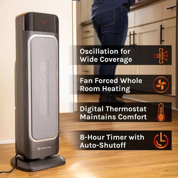 Comfort Zone Electric 24" Oscillating Digital Tower Space Heater with Full Function Remote, Adjustable Thermostat, and Overheat Protection, Ideal for Home, Bedroom, &amp; Office, 1,500W, CZ523RBK