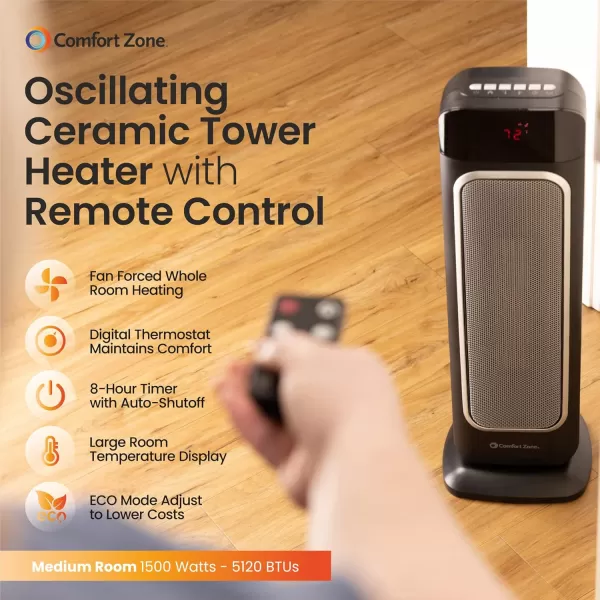Comfort Zone Electric 24" Oscillating Digital Tower Space Heater with Full Function Remote, Adjustable Thermostat, and Overheat Protection, Ideal for Home, Bedroom, &amp; Office, 1,500W, CZ523RBK