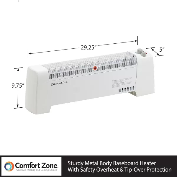 Comfort Zone Electric Baseboard Space Heater with Adjustable Thermostat, Dent-Proof End Panels, Overheat Protection, Tip-Over Switch, &amp; Stay-Cool Body, Ideal for Home, Bedroom, &amp; Office, 1,500W, CZ600