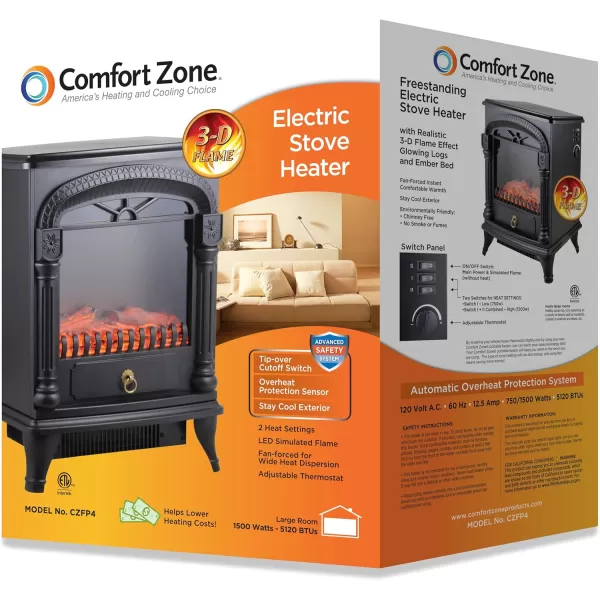 Comfort Zone Electric Fireplace Space Heater, Traditional Warm Stove Style, Realistic 3D Flame Effect, Adjustable Thermostat, &amp; Overheat Protection, Ideal for Home, Bedroom, &amp; Office, 1,500W, CZFP4
