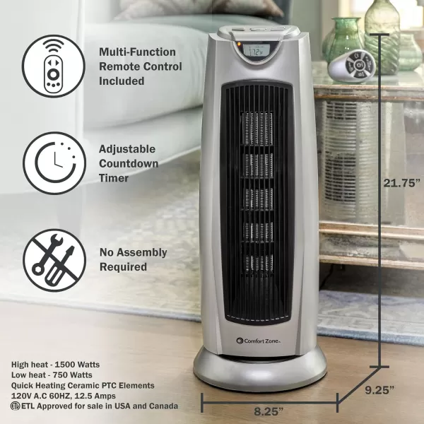 Comfort Zone Electric Oscillating Ceramic Tower Space Heater, Remote, Backlit Digital Thermostat &amp; Temperature Display, Timer, &amp; Overheat Sensor, Ideal for Home, Bedroom, &amp; Office, 1,500W, CZ499R