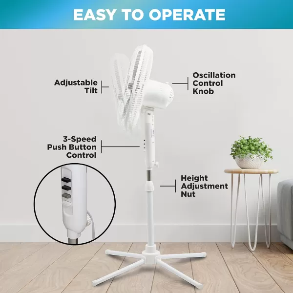 Comfort Zone Electric Oscillating Pedestal Fan, Stand Fan, 16 inch, 3 Speed, 90 Degree Oscillating Head, Adjustable Height and Tilt, Airflow 7.48 ft/sec, Ideal for Home, Bedroom &amp; Office, CZST161BTE