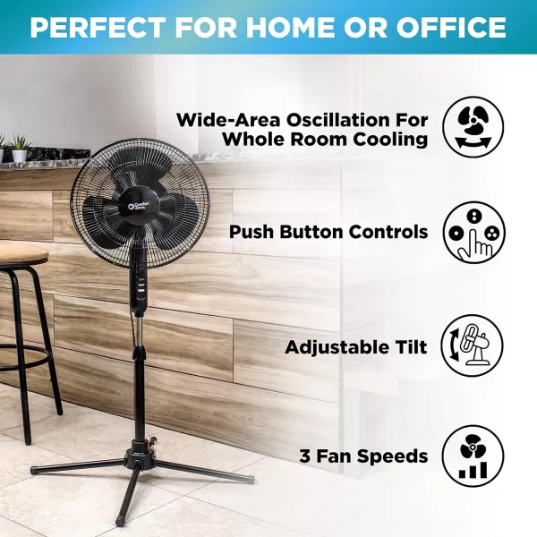 Comfort Zone Electric Oscillating Pedestal Fan, Stand Fan, 16 inch, 3 Speed, 90 Degree Oscillating Head, Adjustable Height and Tilt, Airflow 7.48 ft/sec, Ideal for Home, Bedroom &amp; Office, CZST161BTE